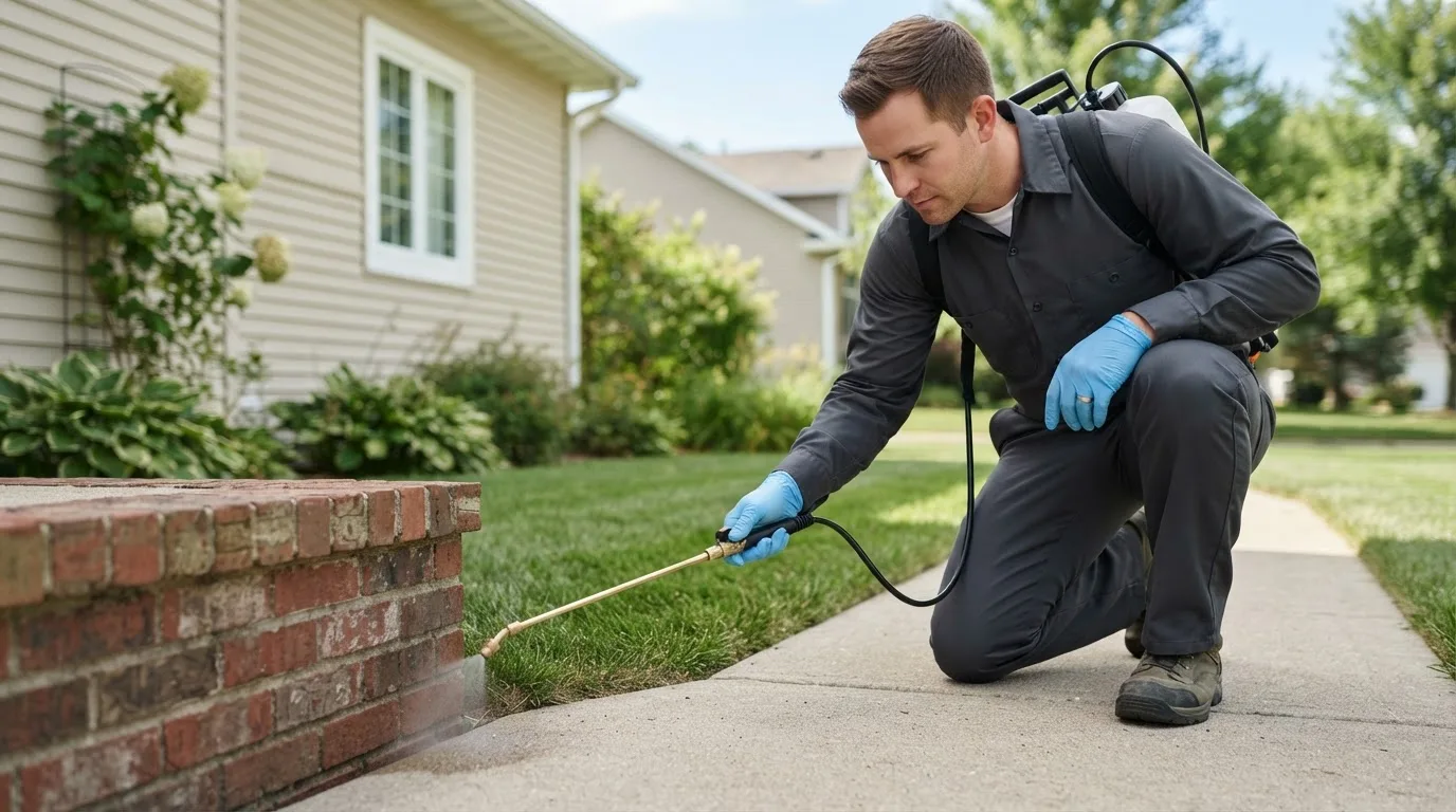 Pest control technician treating a home near Woburn, MA